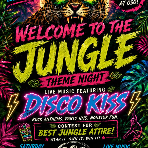 A vibrant neon jungle-themed event poster features a leopard in sunglasses and tropical foliage.
